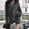 Relaxed Cable Knit Polo Neck Sweater + High-Waisted Knit Shorts Set